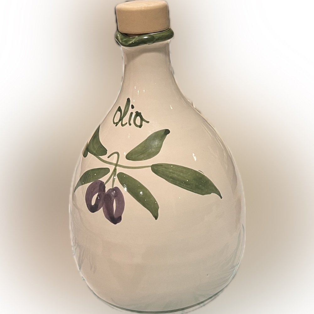 Hand painted ‘olio’ Pottery Jug for Your Olive Oil.  8 Inches Tall